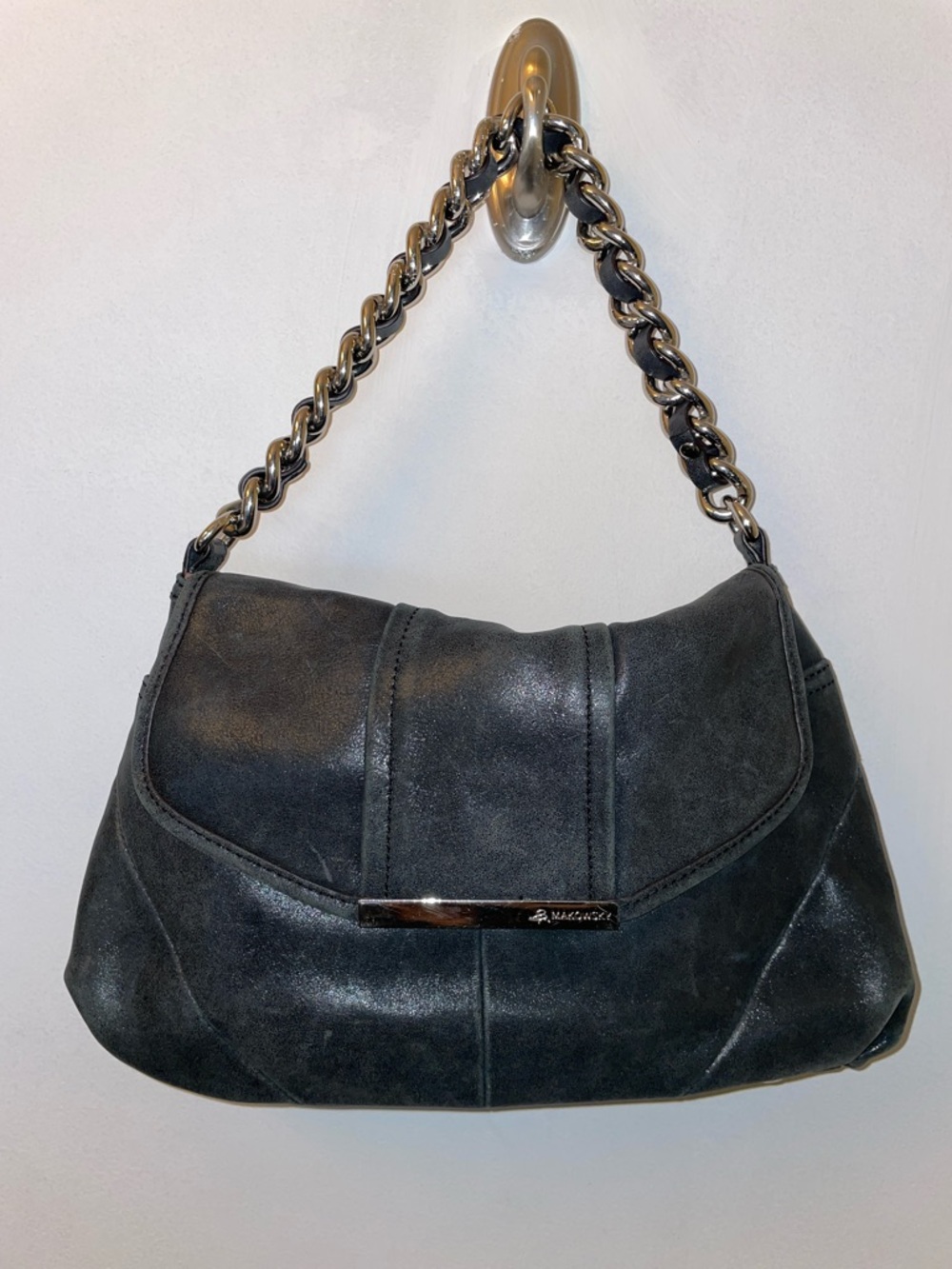 B. Makowski Black Shimmer Shoulder Bag with Chain Strap and Crossbody Strap